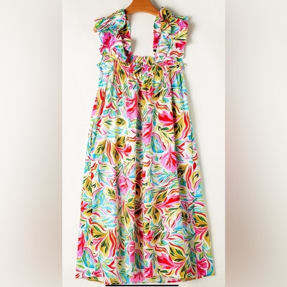 White Floral Ruffled Sleeveless Midi Dress - Picture 4 of 5